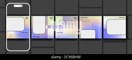 Vorlagen für Karussells in sozialen Medien mit Hintergründen für Verläufe und Platzhaltern für Fotos. Minimalistische Layouts mit weichen, fließenden Farben und Textbereichen für geschäftliche Inhalte oder persönliche Branding-Kampagnen. Stock Vektor