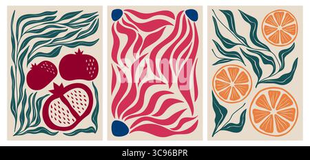 Moderne abstrakte Kompositionen mit fließenden Blättern, Granatäpfeln und Zitrusscheiben für zeitgenössische Wandkunst. Auffällige, farbenfrohe Formen in dynamischen botanischen Designs. Dekorative Retro-Drucke. Stock Vektor