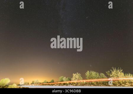 Nachthimmel mit vielen glänzenden Sternen mit Bäumen und Lichtspuren. Stockfoto