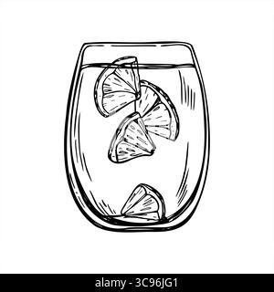 Glas mit erfrischendem Getränk und Zitronenscheiben monochrome Vektor-Illustration. Mocktail Zitrusgetränk-Ätzzeichnung. Frucht-Tonikum im Tumbler Stock Vektor