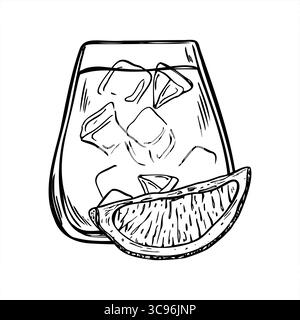 Glas mit Zitronentonikum, Eiswürfeln und Zitronenscheibe monochrome Vektor-Illustration. Kaltes Wasser alkoholfreies Getränk Ätzzeichnung. Trinken Sie im Becher Stock Vektor