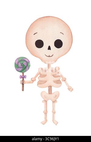 Aquarell niedliches halloween Skelett mit einem bunten Lutscher. Handgezeichnete Abbildung Stockfoto