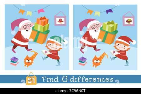 Finden Sie 6 Unterschiede. Spiel für Kinder. Weihnachtsmann und Elf machen Weihnachtsgeschenk. Handgezeichnete Vektorgrafik. Stock Vektor