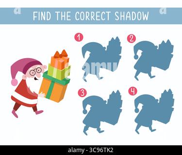Suchen Sie denselben richtigen Schatten. Spiel für Kinder. Weihnachtsmann mit Weihnachtsgeschenken. Vektorabbildung. Stock Vektor