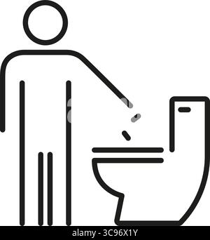 WC-Symbol für Entsorgung von Toilettenabfällen. Person, die den Müll in die Toilettenschüssel wirft, Schild für Hygienevorschriften und Umrisssymbol für Toilettenettiquette. Bearbeitbar Stock Vektor