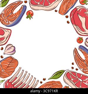 Rahmendesign mit handgezeichnetem rohem Fleisch, Fisch, Knoblauch, Tomaten, Pfeffer und Kräutern auf weißem Hintergrund. Perfekt zum Kochen von Grillrestaurant und Speisen Stock Vektor