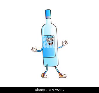 Wodka Alkohol trinken groovige süße Figur. Bar Cocktail Spirituose Zutat funky groovige Vektor Maskottchen, Wodka Alkohol Getränkeflasche niedlicher Hippie Charakter. Party destillierter Schnaps Drink glückliche Persönlichkeit Stock Vektor
