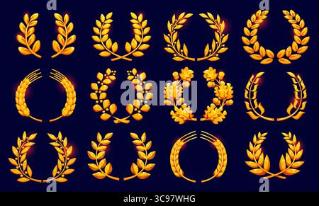 Goldener Lorbeer-, Weizen- und Eichenkranz-Abzeichen. Vektorspiel-Assets für Siegerpreis, Preis, Medaille oder Trophäe mit goldenen Lorbeer- und Eichenzweigen Kränzen, Weizenspikelets, goldenen Eicheln und Blättern Stock Vektor