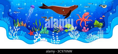 Papier geschnittene Unterwasserlandschaft mit Robben, Kraken und Fischschwärmen. Ocean Underwater Life 3D Papier geschnittene Vektorlandschaft mit aquatischen Säugetierfiguren, Algenpflanzen und versunkener Schiffssilhouette Stock Vektor