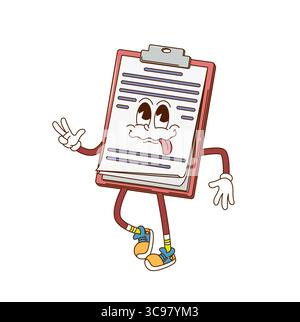 Grooviger ärztlicher Rezeptcharakter. Gesundheitswesen und Medizin Cartoon Vintage groovy glückliche Persönlichkeit. Apotheke Verordnung, Klinik Diagnose oder Krankenversicherung Dokument oder Clipboard netter Charakter Stock Vektor
