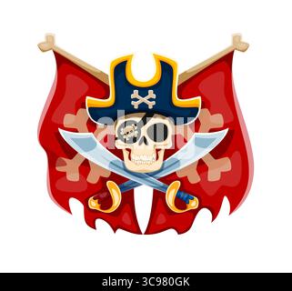 Cartoon Piratenkapitän Schädel mit gekreuzten Säbeln und Wimpeln. Comic Vektor Wappenemblem mit grinsendem, fröhlichem Roger-Schädel mit Augenfleck und gekreuzten Schwertern, erinnert an das Thema Hochseeabenteuer Stock Vektor
