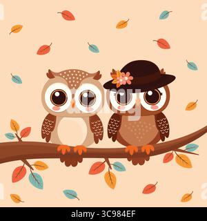 Niedliches Eulen-Paar, das auf Zweig mit Herbstlaub-Vektor-Illustration sitzt. Stock Vektor
