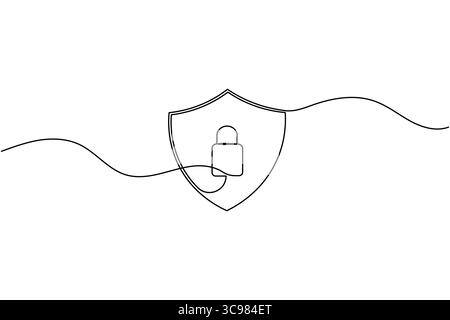 Durchgehende einzeilige Zeichnung des Sicherheitsschildes mit einem Vorhängeschloss. Symbol für Schutz, Privatsphäre und Cybersicherheit Stock Vektor