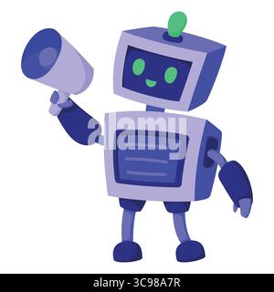 Freundlicher AI-Maskottchenroboter mit quadratischem Kopf und grüner Antenne. Lilafarbener androide mit lächelndem Gesicht, hellgrünen Augen und einem Megaphon in einer Hand Stock Vektor