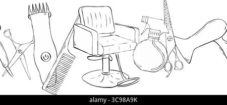 Friseurwerkzeuge Salon nahtloser horizontaler Rand. Abbildung der grafischen Vektorfarbe. Friseurzubehör, Haartrockner, Kamm, Schere Stock Vektor