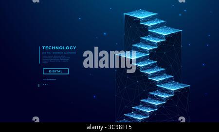 Erfolgstreppen in technischem Low Poly Wireframe Stil auf blauem Hintergrund. Stock Vektor