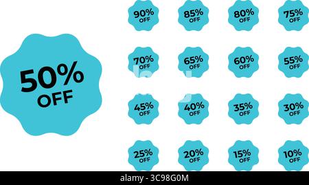 Satz holografischer Symbole mit 10 % bis 90 % Rabatt. Holografische Aufkleber für Verkaufsereignisse. Vektorabbildung. Stock Vektor