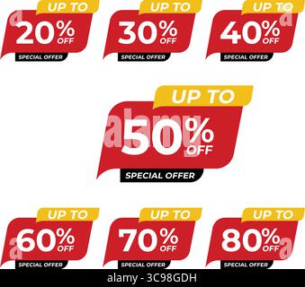 Sale- und Discountetiketten, abstraktes Angebot Sale Discount Labels Set Design, Discount Tags Collection mit Prozent Set, 20, 30, 40, 50%, 60 %, 70 % 80 % pro Stock Vektor