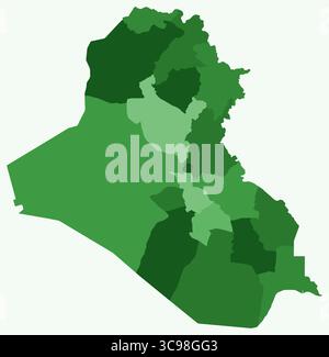 Karte des Irak mit Regionen. Nur eine einfache Ländergrenzkarte mit regionaler Aufteilung. Grüne Farbpalette. Flacher Irak-Gestalt mit administrativer Teilung. Stock Vektor