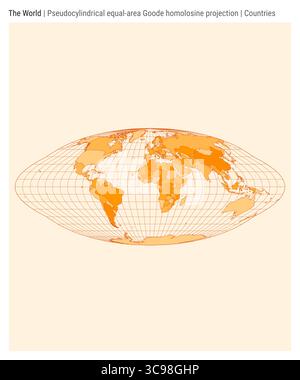 Weltkarte. Pseudozylindrische Gleichfläche-Goode-Homolosin-Projektion. Länderstil. Stock Vektor