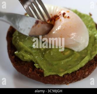 Avocadotoast mit pochiertem Ei auf einem weißen Teller, Nahaufnahme Stockfoto
