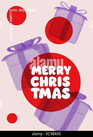 Helles Weihnachtsposter mit Halbtongeschenken und kräftiger roter Typografie. Modernes Vektordesign für Urlaubseinladungen, Partyangebote und saisonale Angebote Stock Vektor