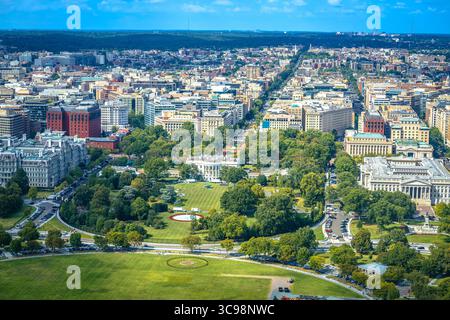 Washington DC aus der Vogelperspektive. Das weiße Haus auf der Rückseite und die 16. Straße, die Hauptstadt der USA Stockfoto