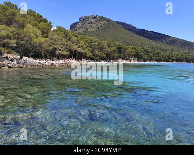 Wunderschöne Strände von Cap de Formentor in der Nähe von Puerto Pollensa. Die Gegend ist ein beliebter Ort für einen Tagesausflug und wird von vielen Bootstouren bedient. Stockfoto