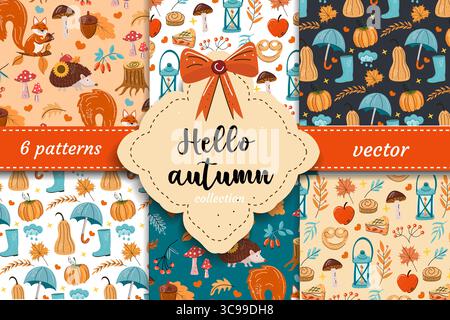 Nahtlose „Hello Autumn“-Kollektion mit Kürbissen, Regenschirmen, Pilzen, Waldtieren und Herbstblättern. Kuscheliges saisonales Vektorset für Stoff Stock Vektor