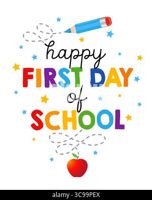 Happy First School, Back to School Badge Design. 1. Schultag Schriftenkonzept für Fotokabine. Vektorabbildung Stock Vektor