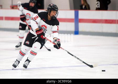 29. Oktober 2022: Ohio State Buckeyes Stürmer Jennifer Gardiner (12) trägt den Puck, bevor er sich den Minnesota Golden Gophers in Columbus (Ohio) stellt. Brent Clark/CSM (Bild: © Brent Clark/CSM via ZUMA Press Wire) Stockfoto