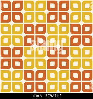 Helles nahtloses Retro-Vektormuster mit orangen und gelben geometrischen Blumenfliesen im Rasterlayout. Vektorabbildung Stock Vektor