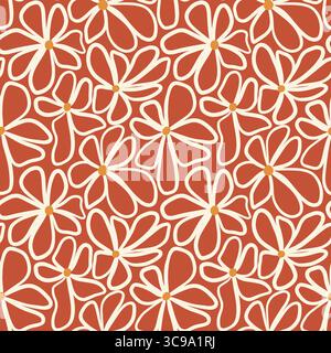 Kräftiges florales nahtloses Vektormuster mit cremefarbenen Gänseblümchen-Blüten auf hellem rot-orangen Hintergrund. Vektorabbildung Stock Vektor