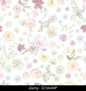 Nahtloses, blasses, blumiges Aquarellmuster mit kleinen Wildblumen. Ideal für Textilien, Geschenkpapier, Tapeten, Stoffdruck, Kinderzimmer, Bettwäsche und Meer Stockfoto