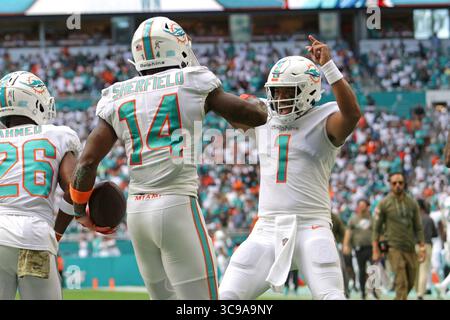 22. November 2022: Trent Sherfield (14) feiert mit Quarterback Tua Tagovailoa (1) einen Touchdown-Pass gegen die Cleveland Browns im Hard Rock Stadium am 13. November 2022 in Miami Gardens, Florida. (Bild: © John McCall/South Florida Sun Sentinel via ZUMA Press Wire) Stockfoto