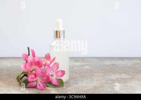Transparente Glaskosmetikflasche mit Tropfer für Hyaluronsäure. Quadratisches Podium und rosa Kirschblüten auf weißem Hintergrund. Stockfoto