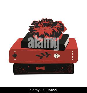 Ein Haufen von Vintage-Büchern mit einer Ringelblume oben. Halloween Bücher Komposition isoliert auf weißem Hintergrund. Vektorabbildung. Stock Vektor