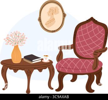 Vintage-Sessel mit Büchertisch, Teetasse und Blumen in Vase. Retro-Möbel. Luxuriöser Wohnraum. Altes Sofa. Bild in Holzrahmen. Auseinander Stock Vektor