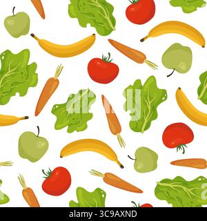 Gemüse und Obst. Nahtloses Lebensmittelmuster. Banane und Apfel. Frische Karotte. Vegetarisches Produkt. Tomaten- und Salatsalat. Kohlblätter. Wiederholte p Stock Vektor