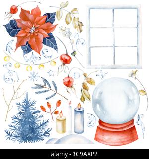 Ein Set mit weihnachtlichen Aquarellen. Ein Weihnachtsballon, Blumen und Pflanzen, Kerzen, eine Girlande und ein Fenster sind auf weißem Hintergrund isoliert Stockfoto