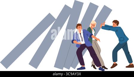 Team von Geschäftsleuten, die versuchen, Zeiteinbrüche, Krisen oder sinkende Projektnummern zu stoppen. Große Figuren verschieben. Geschäftsmann, der schwere Formen zieht. Overcom Stock Vektor