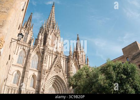 Fassadenarchitektur der Kathedrale von Barcelona im Sommer in Spanien Stockfoto