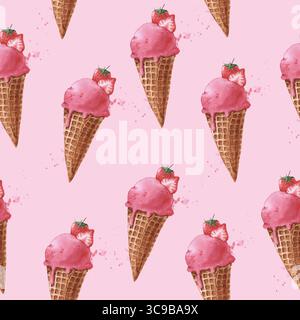 Nahtloser Hintergrund mit Erdbeeren-Eiskegel mit Beeren und Streuseln strukturiert bemalt Aquarell auf handgemalt rosa Stockfoto