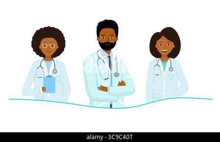 Gruppe von Ärzten aus der medizinischen Klinik. Therapeut oder Zahnarzt in einer Brille am Hals eines Stethoskops. Stock Vektor