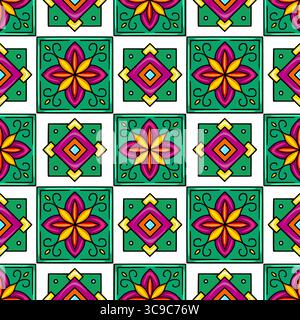 Lebendiges nahtloses Vektor-Muster mit einer fröhlichen Mischung aus stilisierten Blumen- und geometrischen Motiven in kräftigem Petrol, Lila, Orange und Gelb, perfekt für Stock Vektor