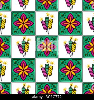 Nahtloses Vektormuster mit leuchtendem Feuerwerk und stilisierten Blumenfliesen schaffen ein festliches und fröhliches Design, das perfekt für Feiern und Freude ist Stock Vektor