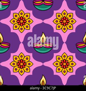 Festliches nahtloses Diwali-Vektor-Muster mit lebendigen stilisierten Diyas und floralen Mandalas, perfekt für festliche Hintergründe und Textildrucke. Stock Vektor