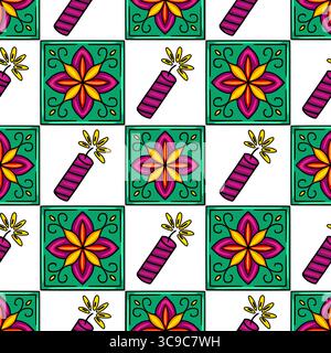 Festliche nahtlose Vektormuster lebendige Petrol-Blumenfliesen und explodierende Feuerwerkskörper Stock Vektor