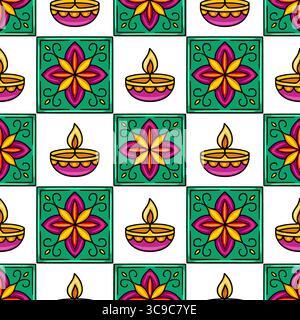 Nahtloses Vektormuster mit leuchtendem Petrol und lila Blumenmotiven, die mit traditionellen Diya-Öl-Lampen durchsetzt sind, schaffen eine festliche und sich wiederholende Atmosphäre Stock Vektor