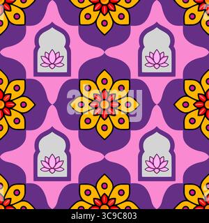 Nahtloses Vektor-Muster mit Lotusblüten und Mandala-ähnlichen Elementen in Pink, Lila und Gelb, ideal für festliche Designs. Stock Vektor